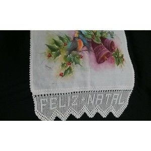 Vintage Feliz Natal Hand Painted Linen Half Runner Signed by Artist